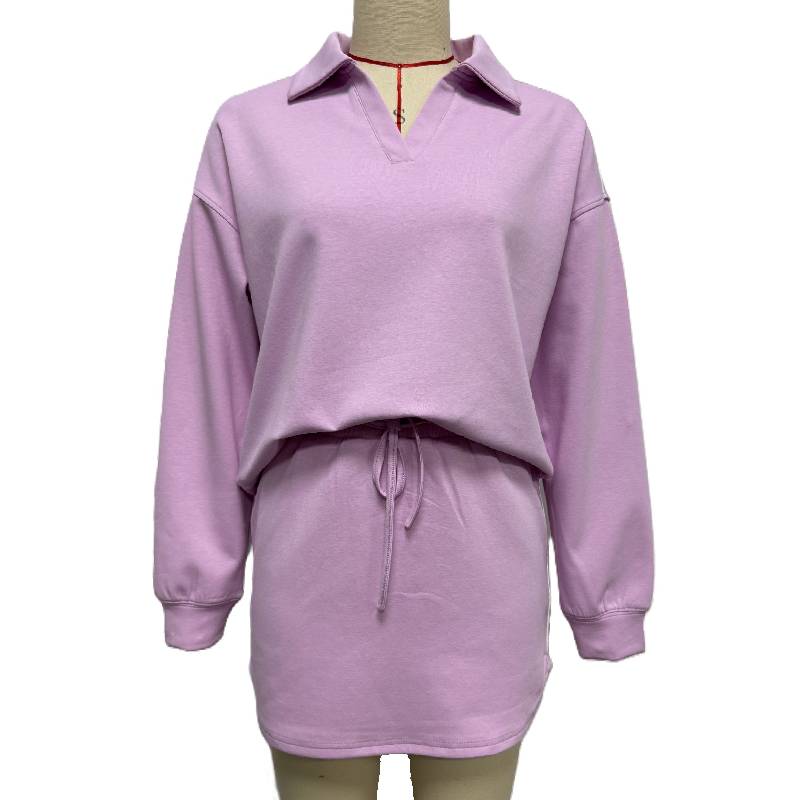 Collared Pullover And Mini Skirt Set - Purple - 4