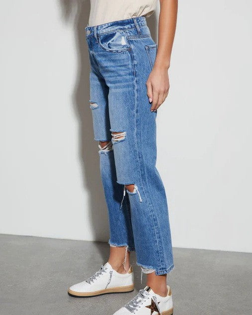 Ripped Knee Cropped Straight Leg Jeans - Blue - 2