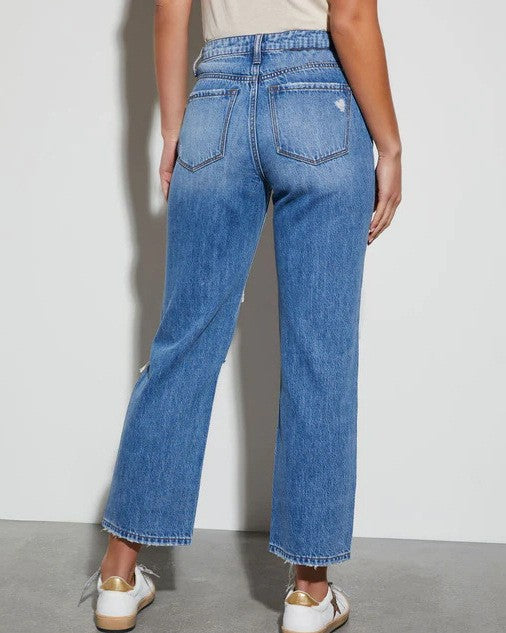 Ripped Knee Cropped Straight Leg Jeans - Blue - 3