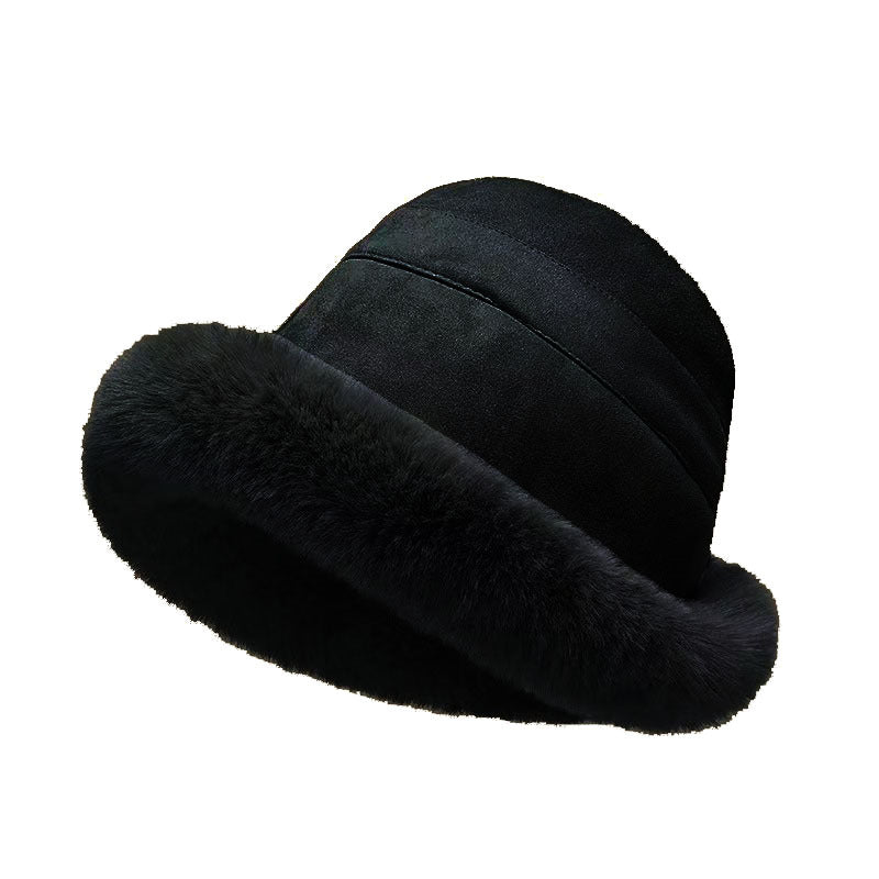 Faux Suede Cloche Bucket Hat With Plush Fur Brim - Black