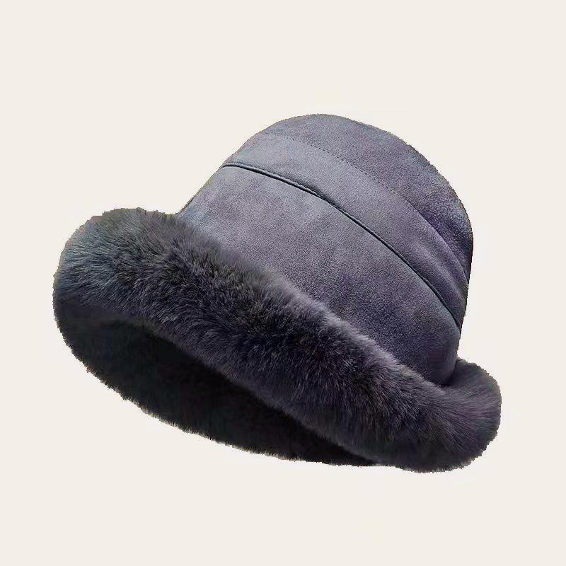 Faux Suede Cloche Bucket Hat With Plush Fur Brim - Grey