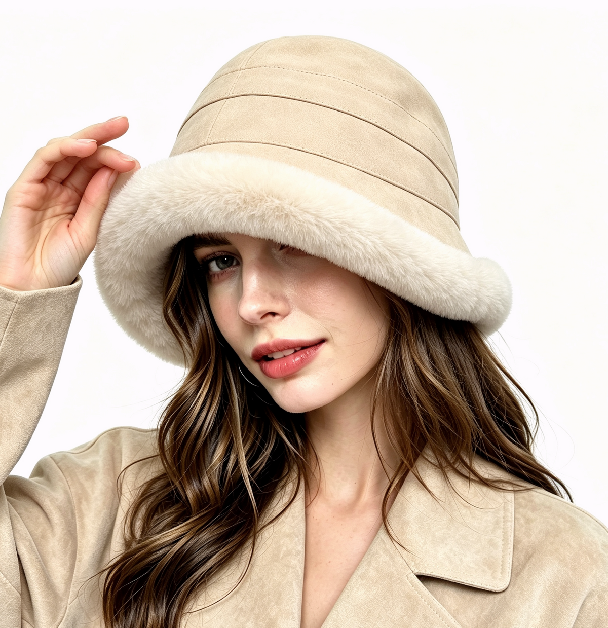 Faux Suede Cloche Bucket Hat With Plush Fur Brim - Khaki