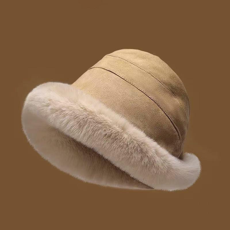 Faux Suede Cloche Bucket Hat With Plush Fur Brim - Khaki - 1