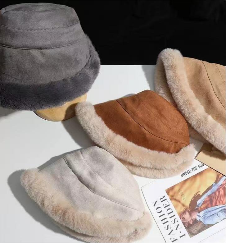 Faux Suede Cloche Bucket Hat With Plush Fur Brim - Khaki - 2