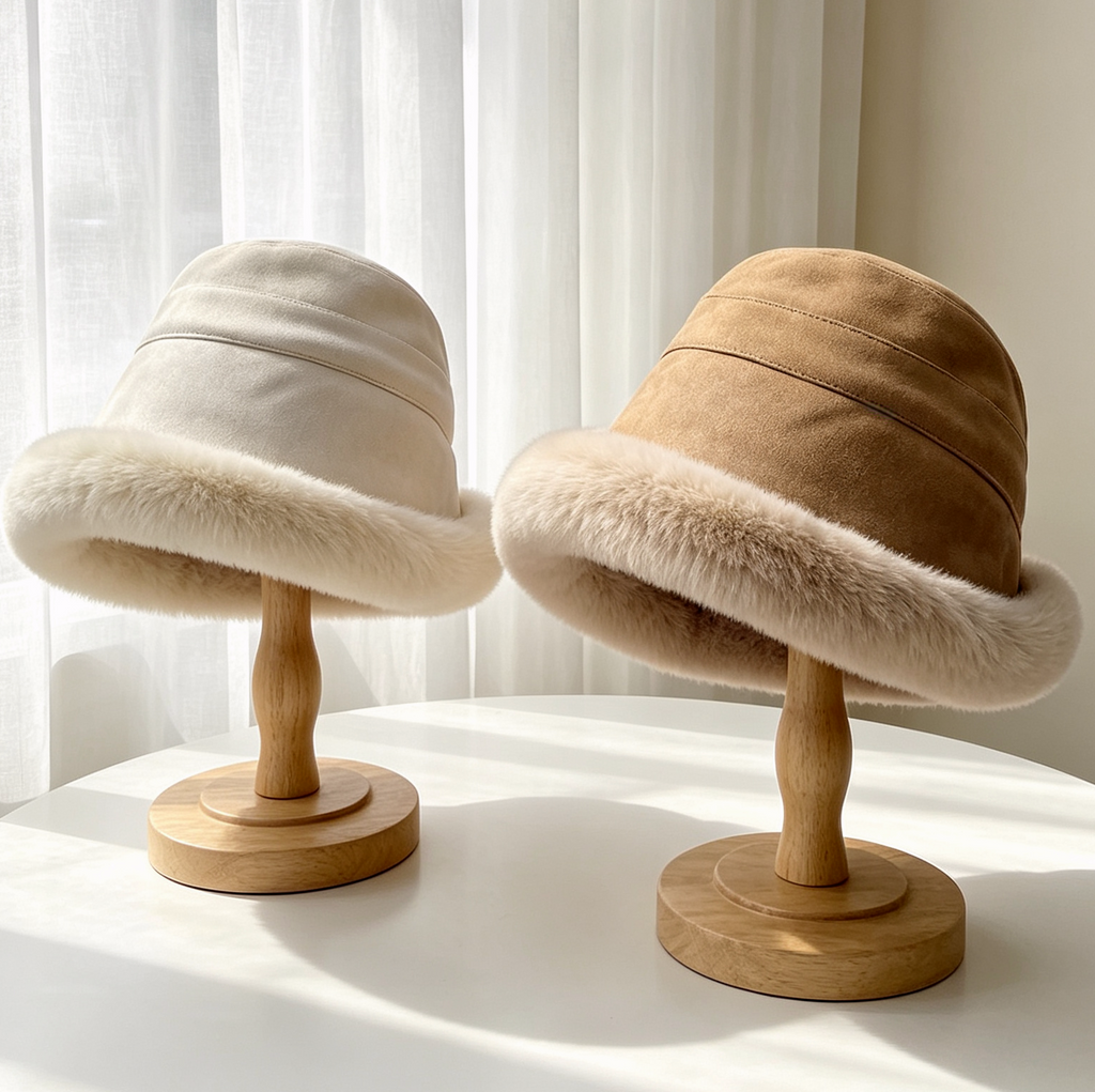 Faux Suede Cloche Bucket Hat With Plush Fur Brim - Khaki - 4