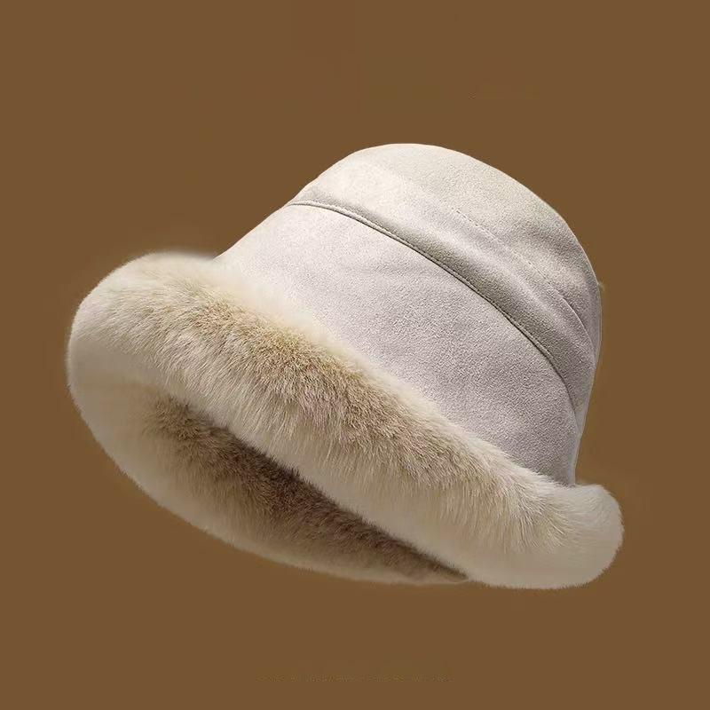 Faux Suede Cloche Bucket Hat With Plush Fur Brim - OffWhite