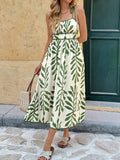 Leaf Print Tie Strap Midi Sundress - Green