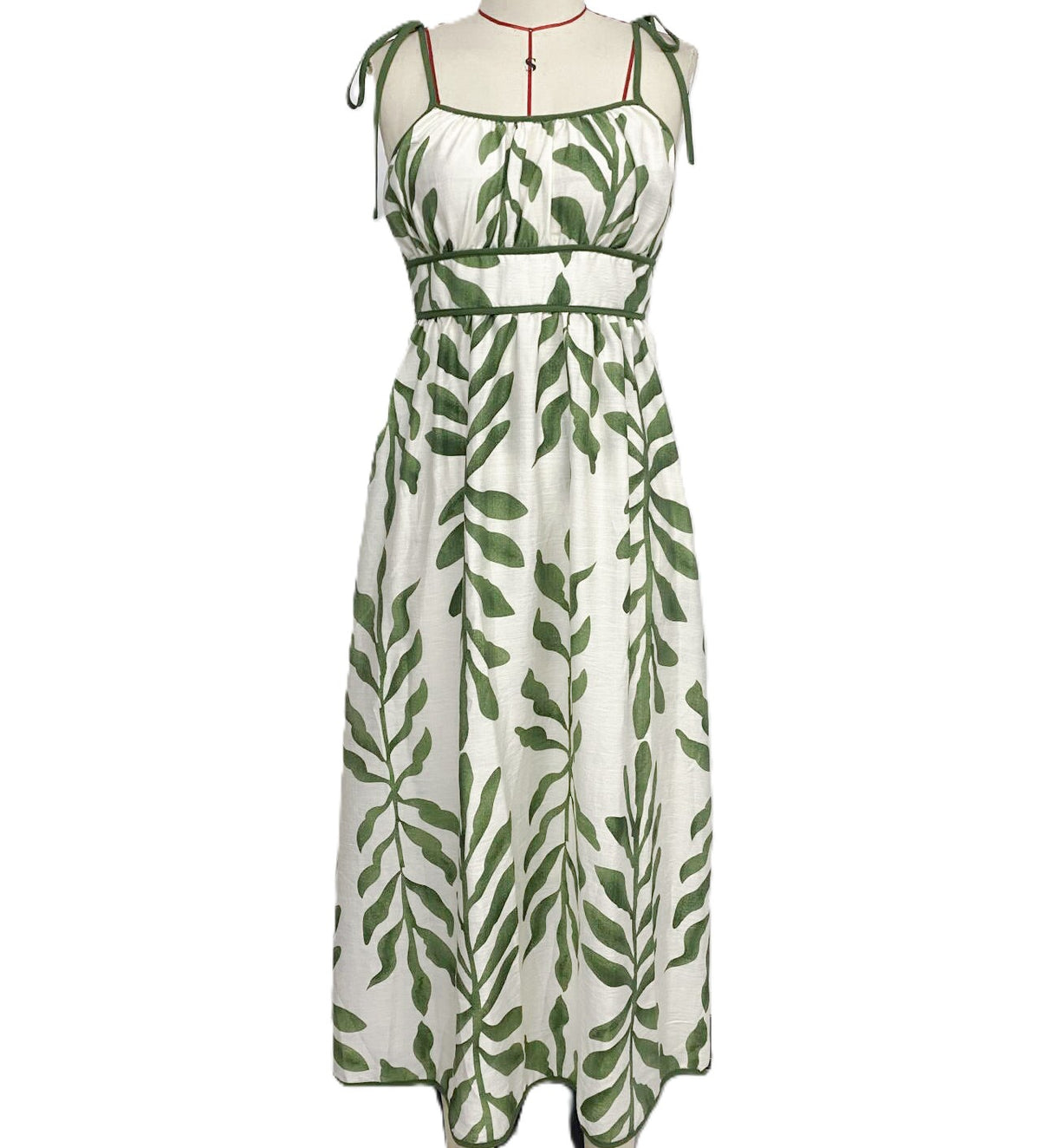 Leaf Print Tie Strap Midi Sundress - Green - 1