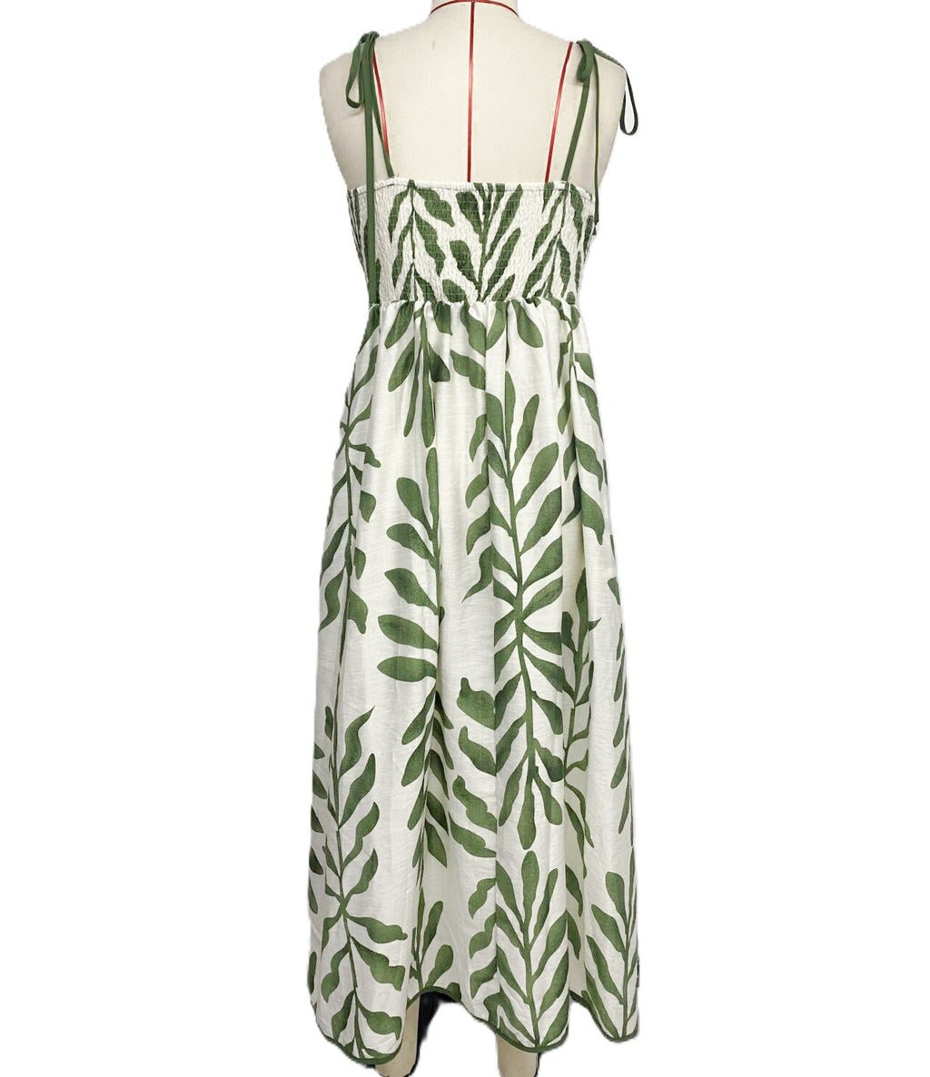 Leaf Print Tie Strap Midi Sundress - Green - 2