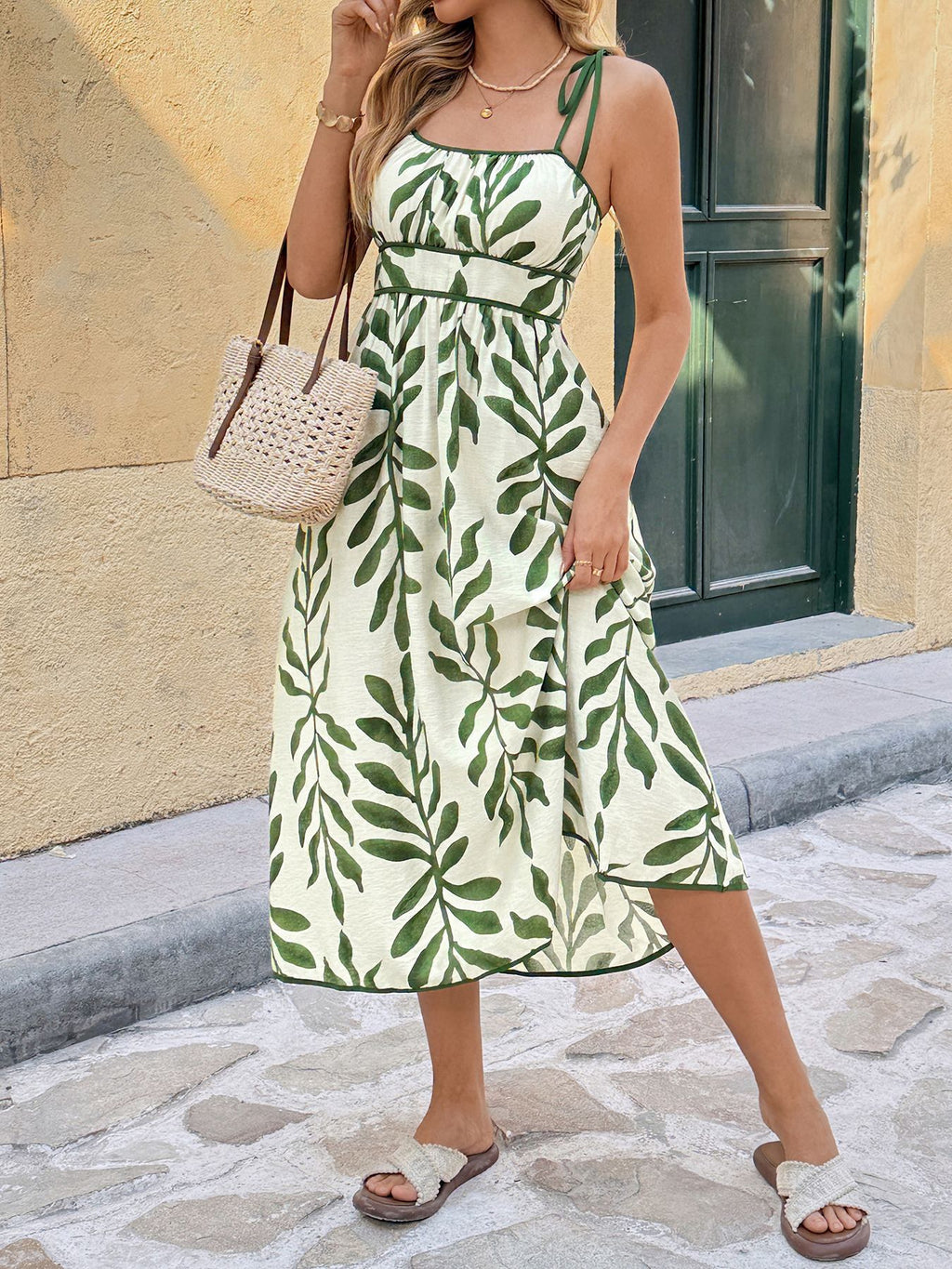 Leaf Print Tie Strap Midi Sundress - Green - 4