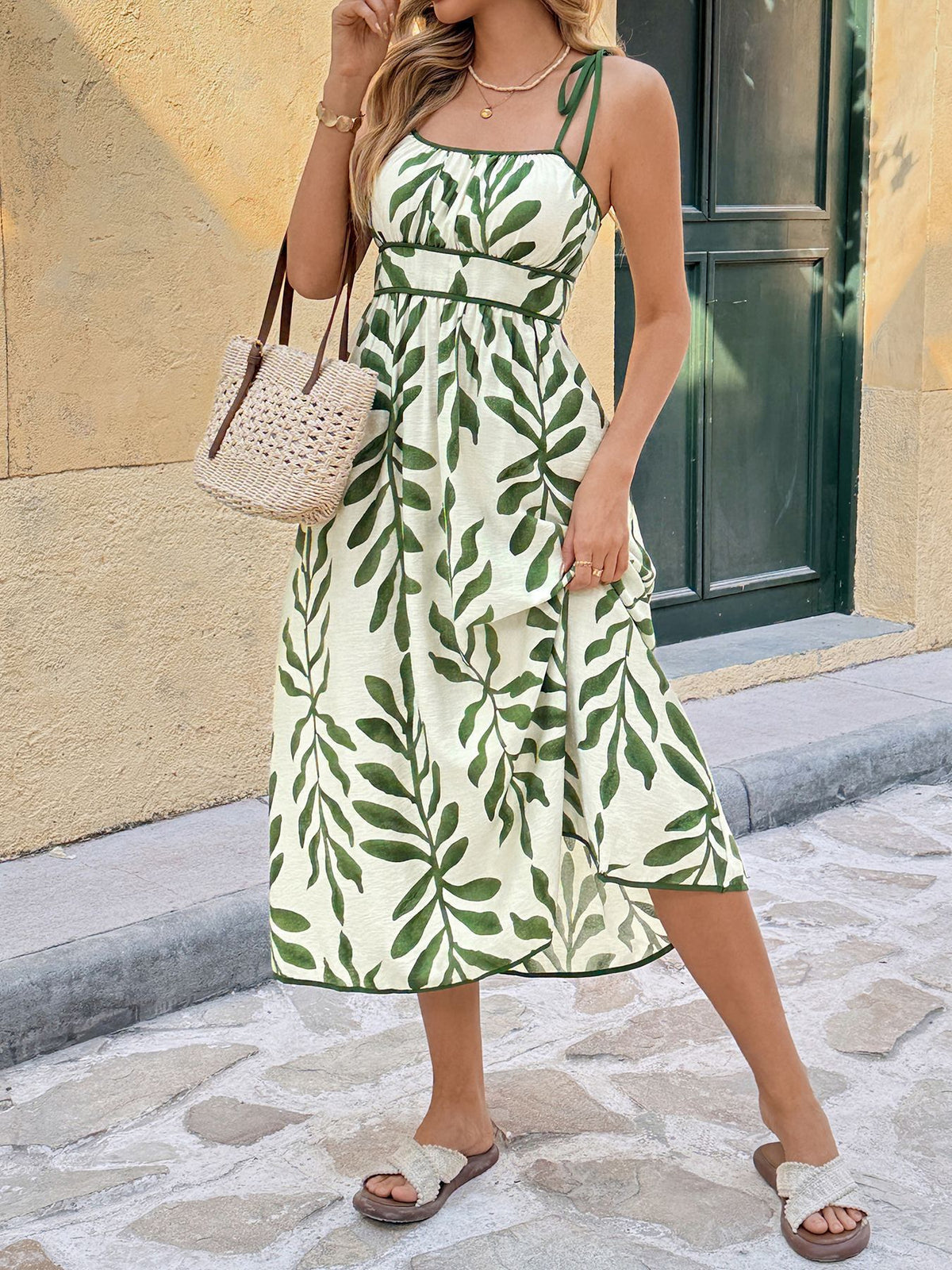 Leaf Print Tie Strap Midi Sundress - Green - 4