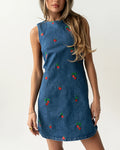 Cottagecore Strawberry Embroidered Denim Mini Dress - Blue