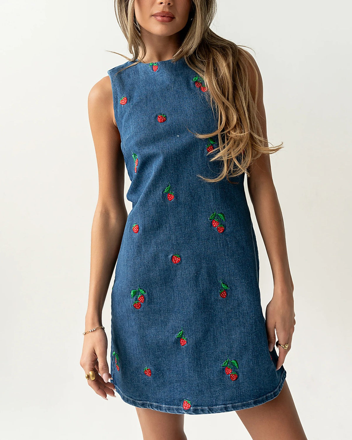 Cottagecore Strawberry Embroidered Denim Mini Dress - Blue