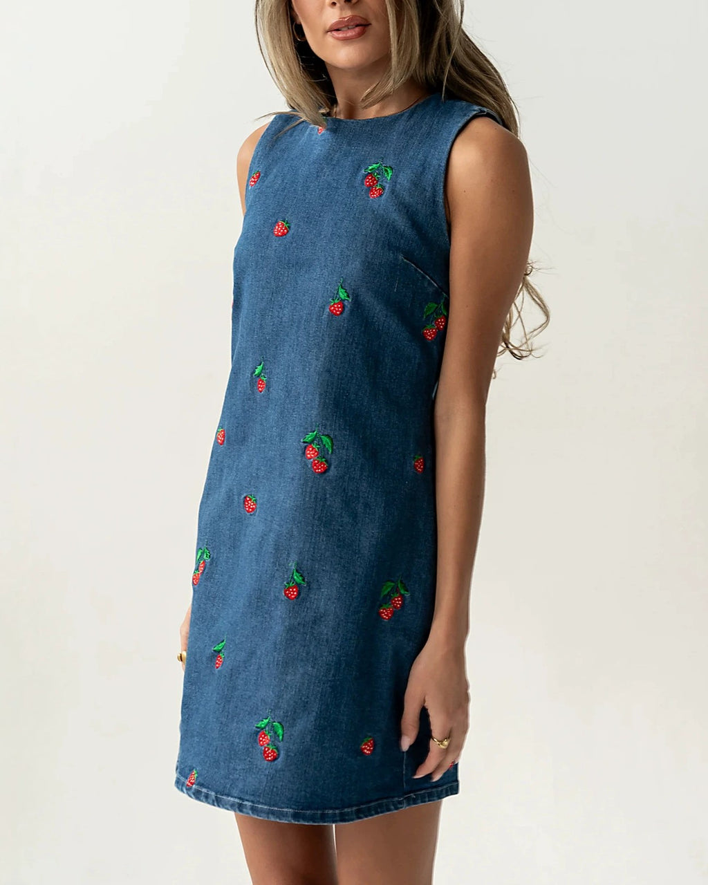 Cottagecore Strawberry Embroidered Denim Mini Dress - Blue - 2