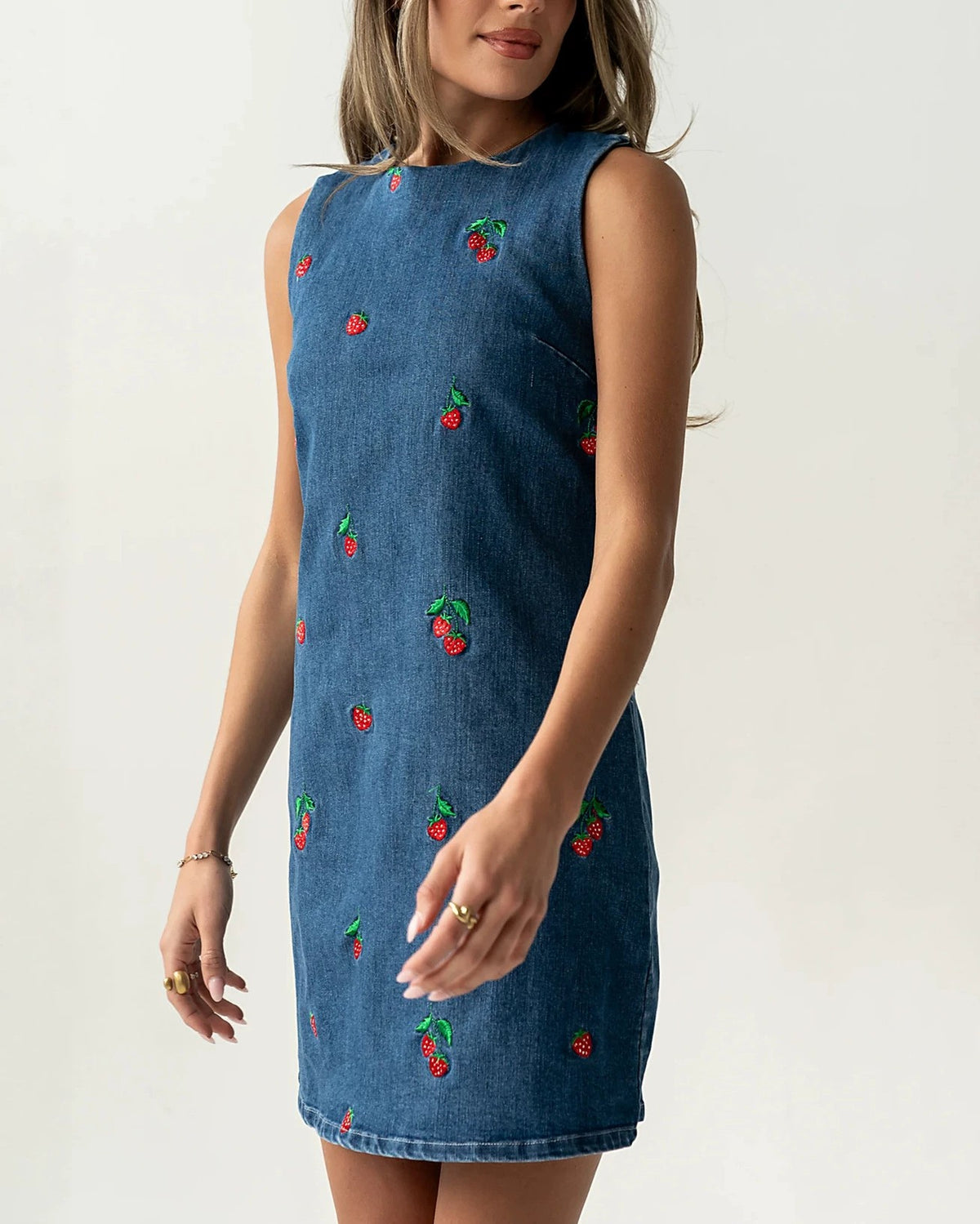 Cottagecore Strawberry Embroidered Denim Mini Dress - Blue - 3