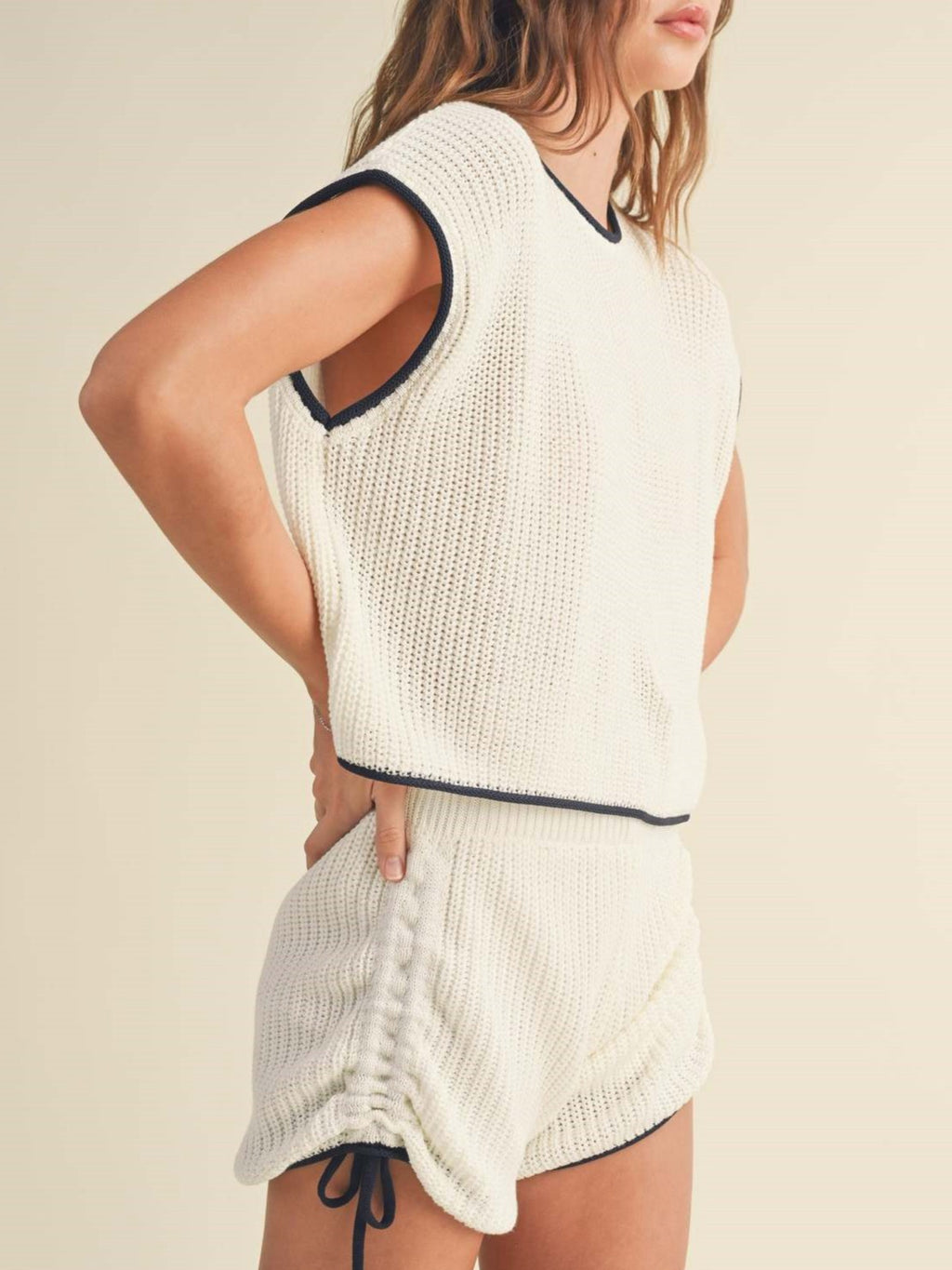 Contrast Trim Knit Top Shorts Set - White