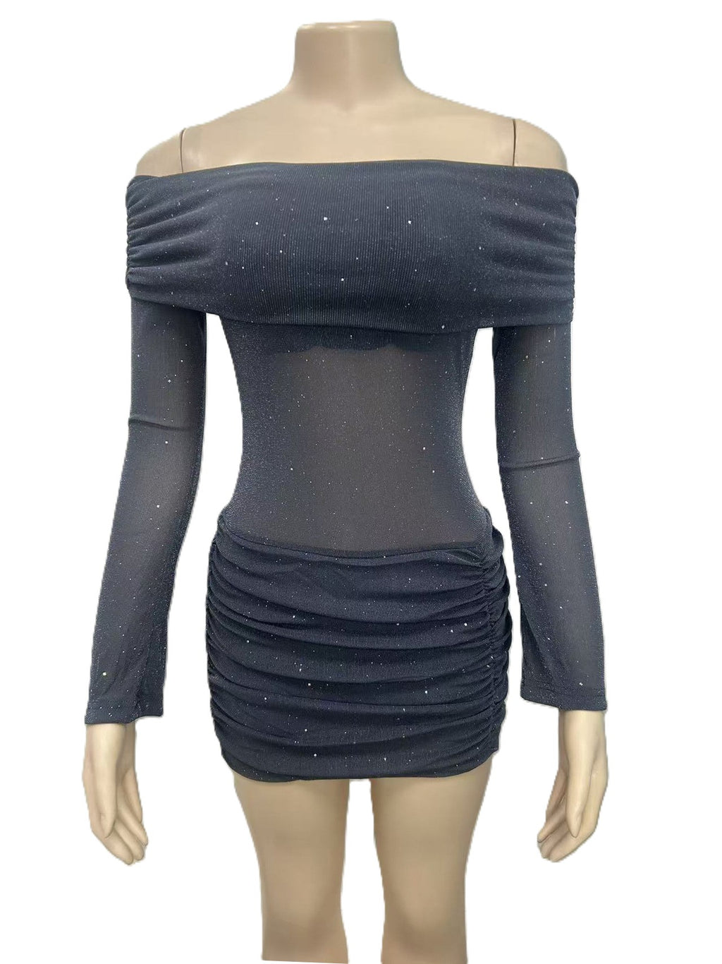 Sparkle Mesh Ruched Off Shoulder Mini Dress - Grey