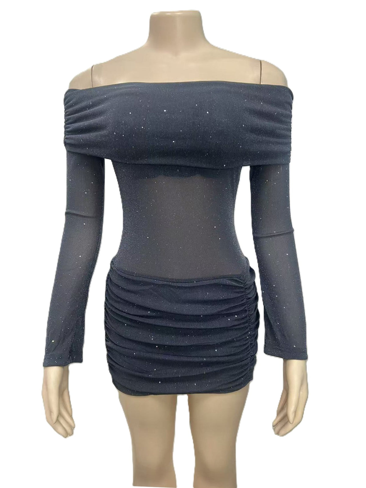 Sparkle Mesh Ruched Off Shoulder Mini Dress - Grey