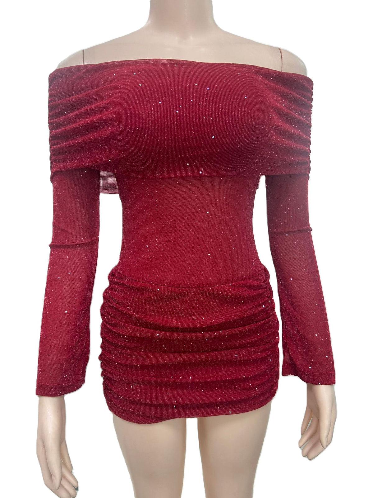 Sparkle Mesh Ruched Off Shoulder Mini Dress - Red