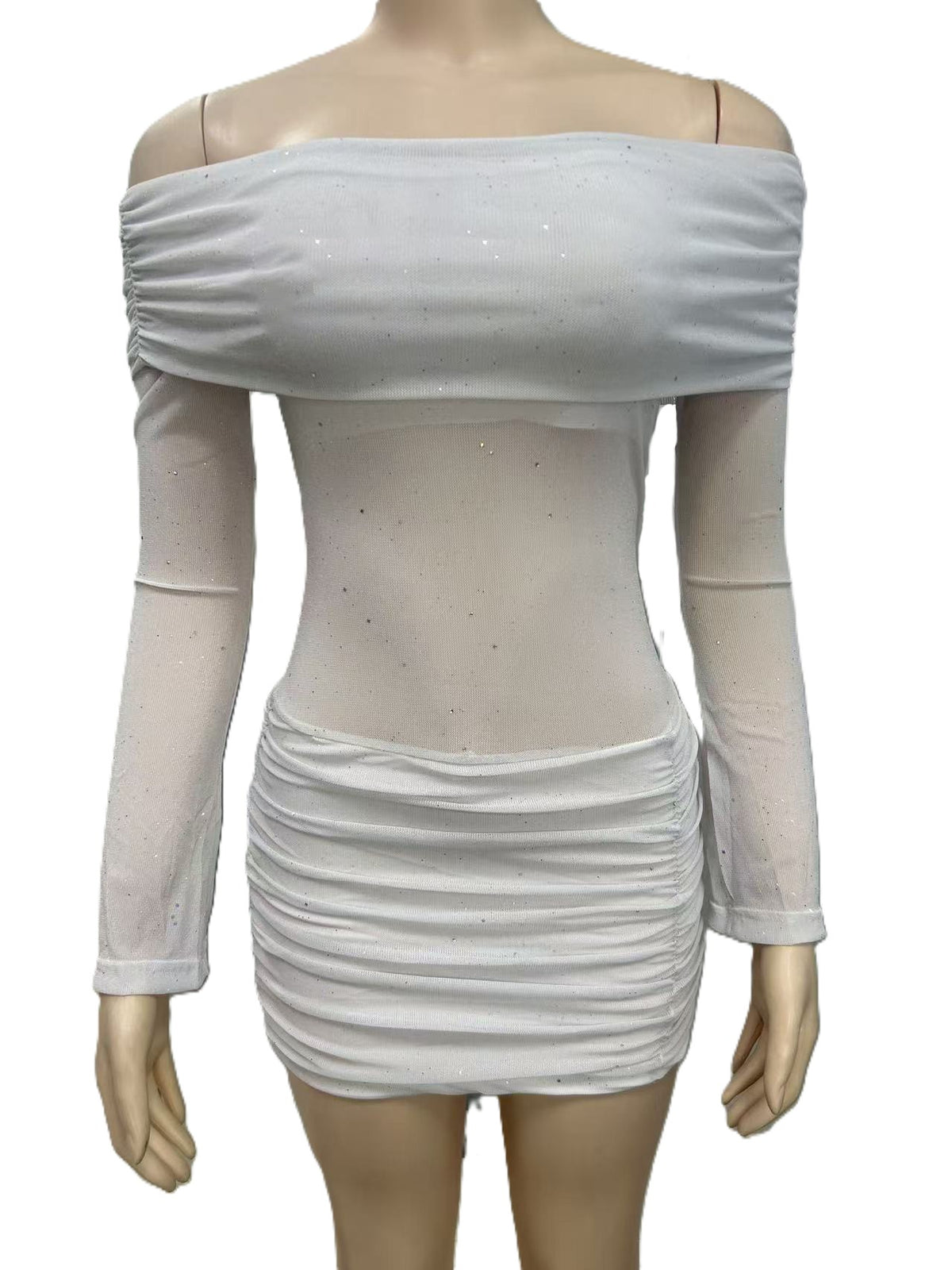 Sparkle Mesh Ruched Off Shoulder Mini Dress - White