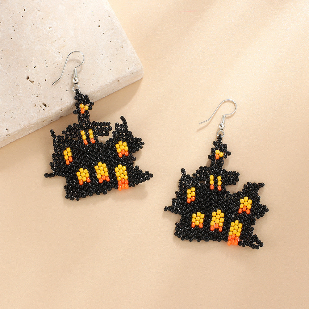 Seed Bead Halloween Charm Dangle Earrings - Castle - 1
