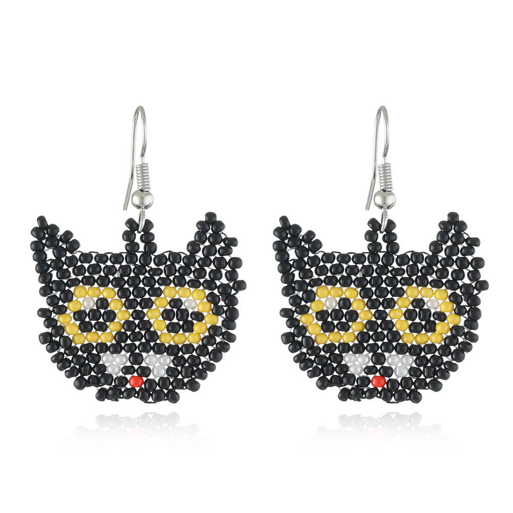 Seed Bead Halloween Charm Dangle Earrings - Cat