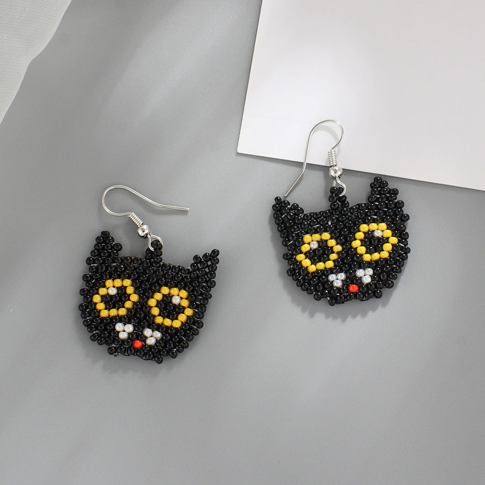 Seed Bead Halloween Charm Dangle Earrings - Cat - 1