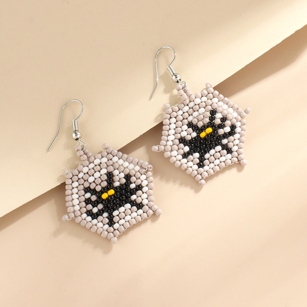 Seed Bead Halloween Charm Dangle Earrings - Cobwebs - 1