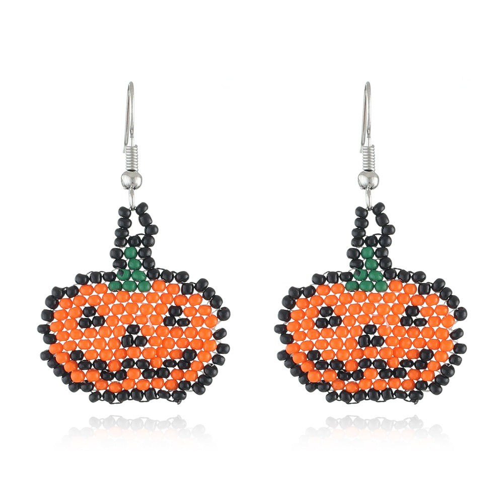Seed Bead Halloween Charm Dangle Earrings - Pumpkin