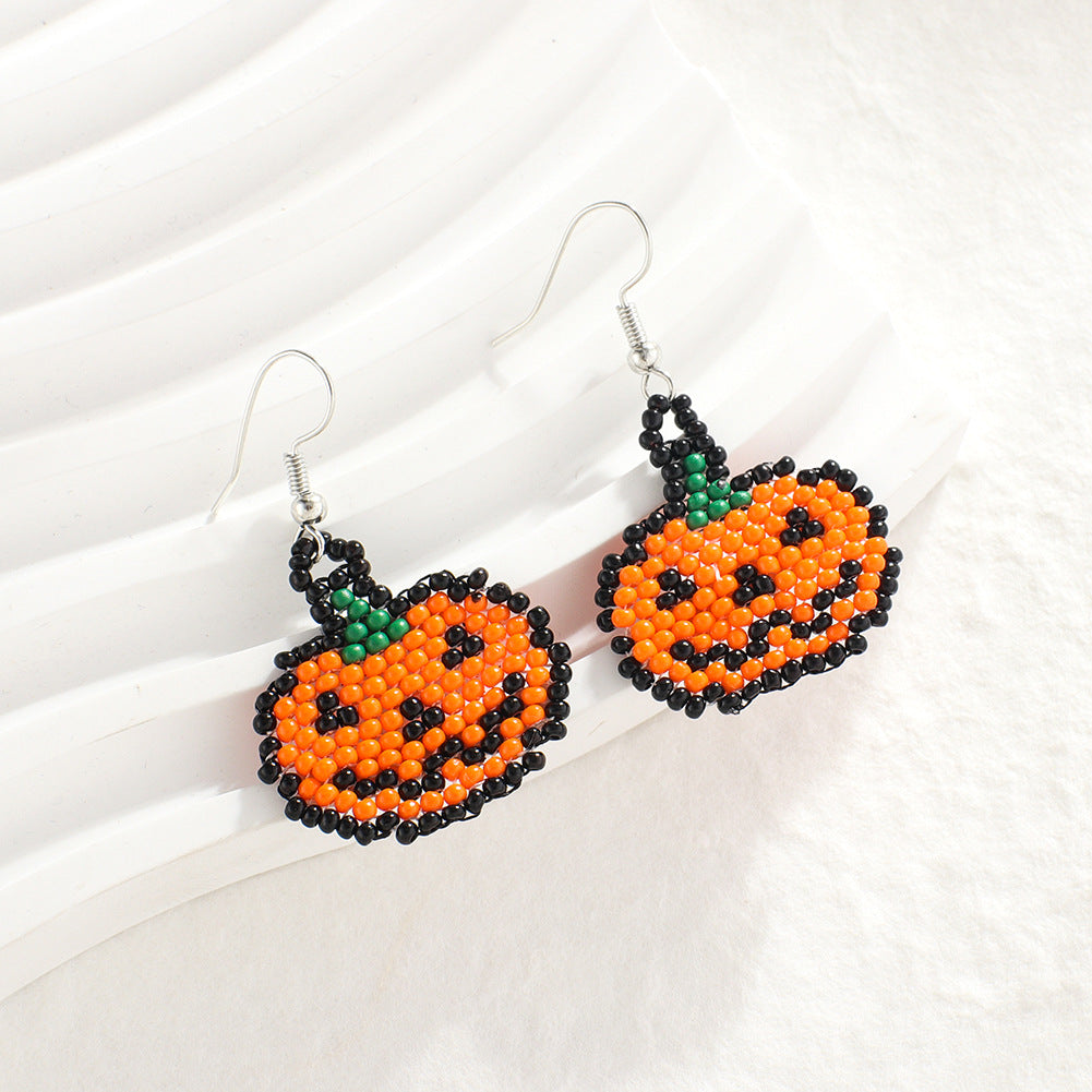 Seed Bead Halloween Charm Dangle Earrings - Pumpkin - 1