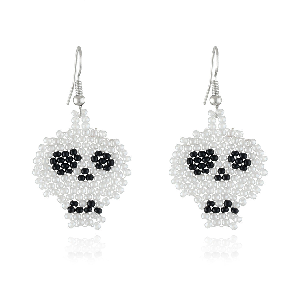 Seed Bead Halloween Charm Dangle Earrings - Skull