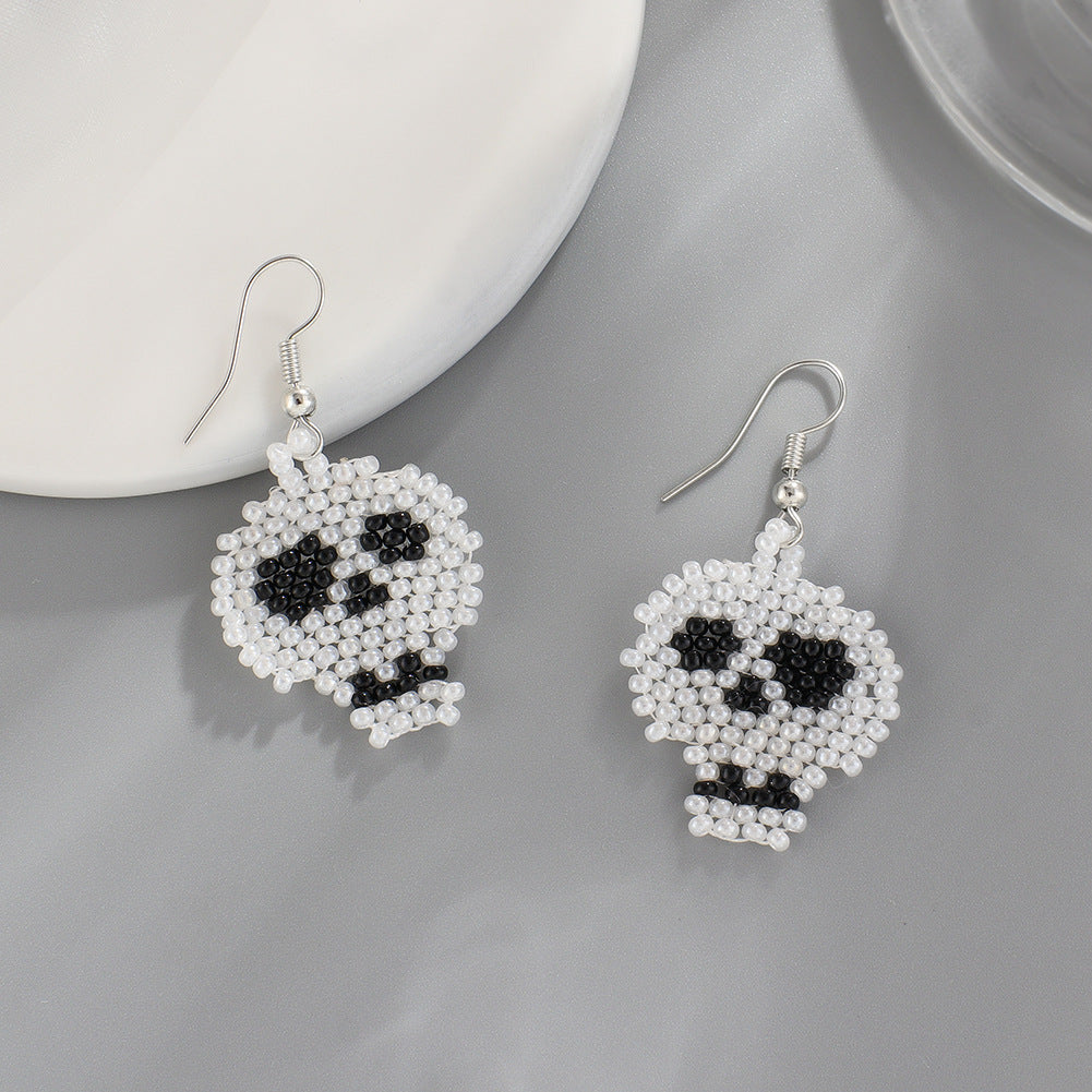 Seed Bead Halloween Charm Dangle Earrings - Skull - 1