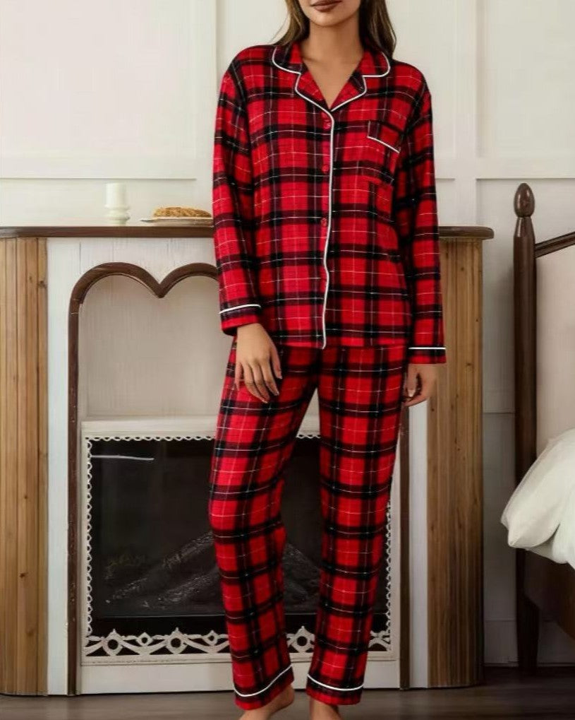 Vintage Plaid Button Front Long Sleeve Pajama Set - Red
