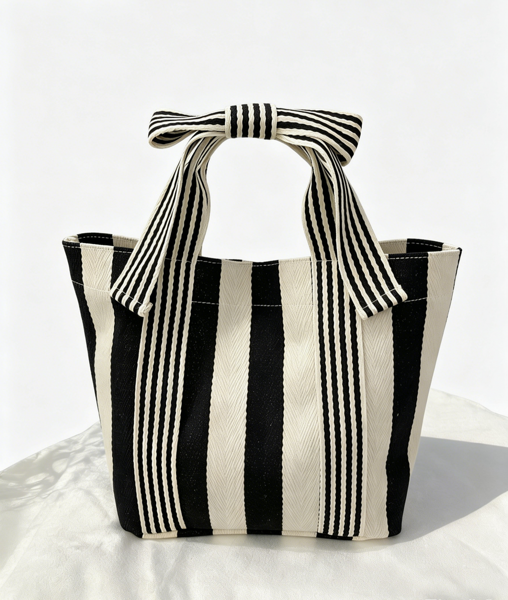 Striped Canvas Mini Tote with Bow Accent - Beige