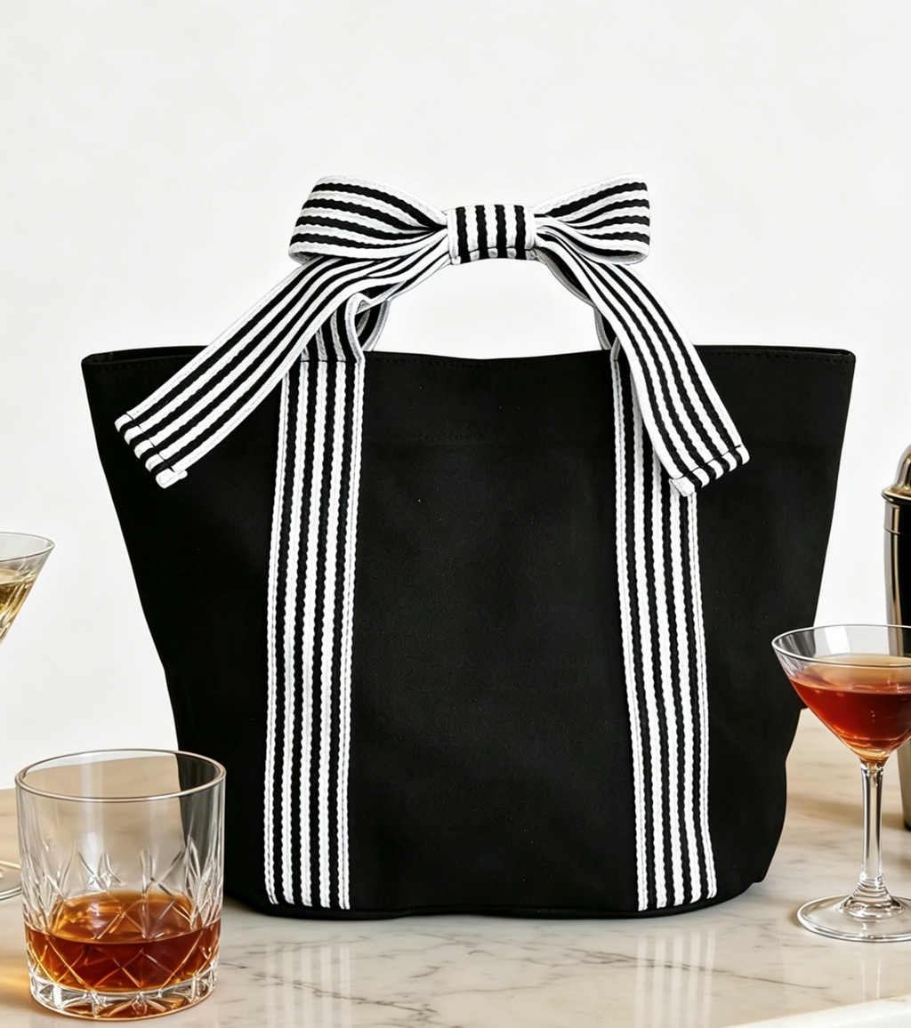 Striped Canvas Mini Tote with Bow Accent - Black