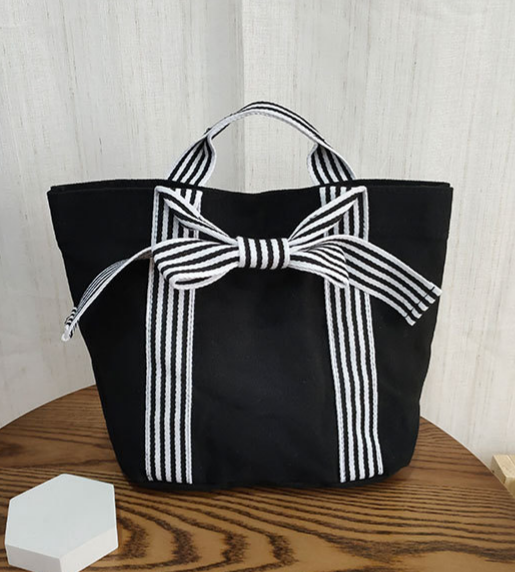 Striped Canvas Mini Tote with Bow Accent - Black - 2