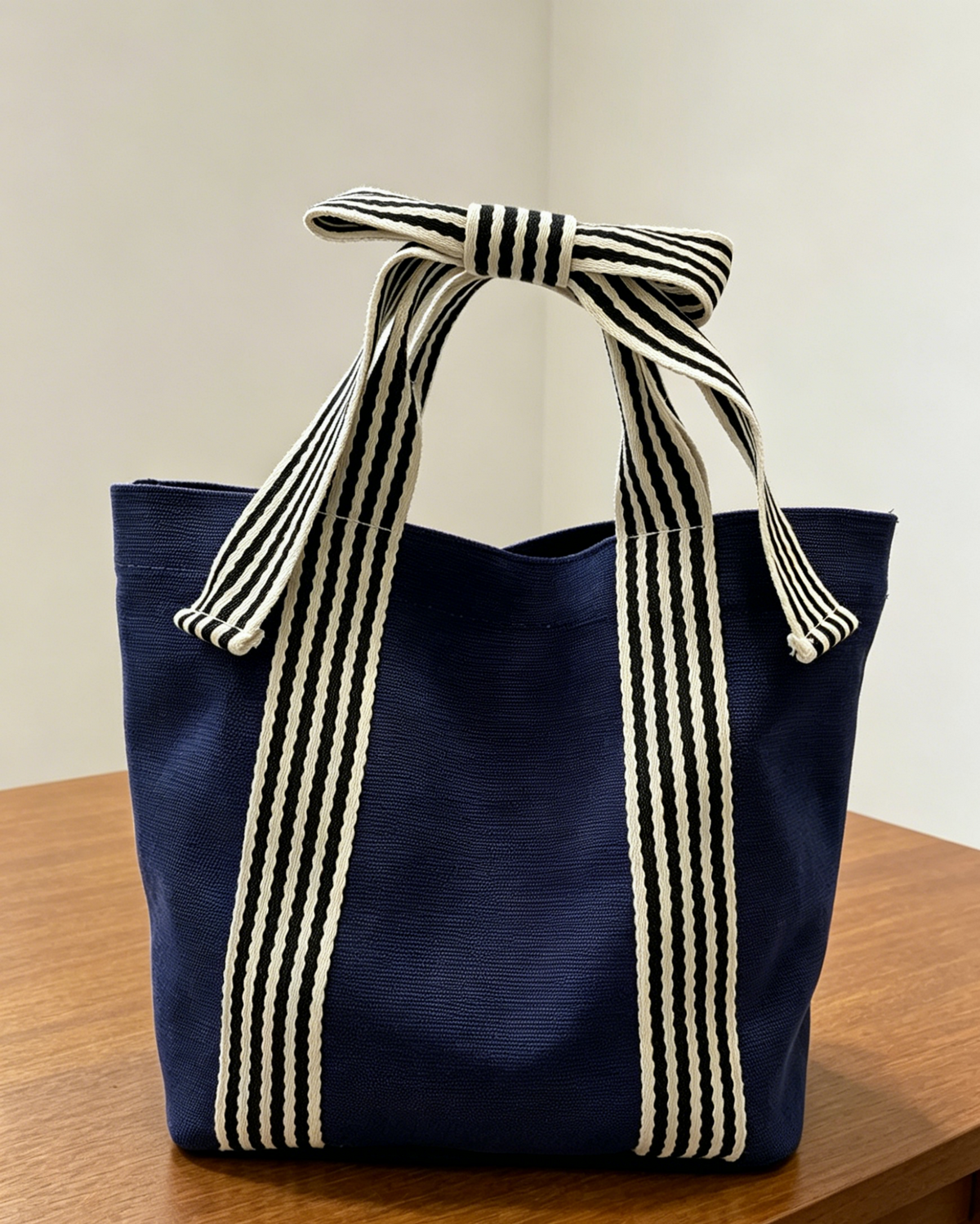 Striped Canvas Mini Tote with Bow Accent - DeepBlue