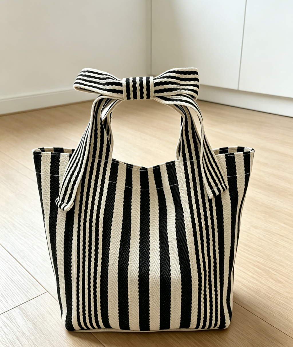 Striped Canvas Mini Tote with Bow Accent - MBlack