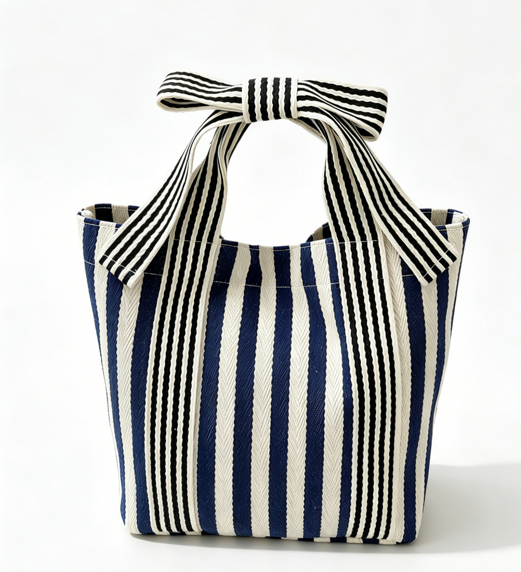 Striped Canvas Mini Tote with Bow Accent - NavyBlue