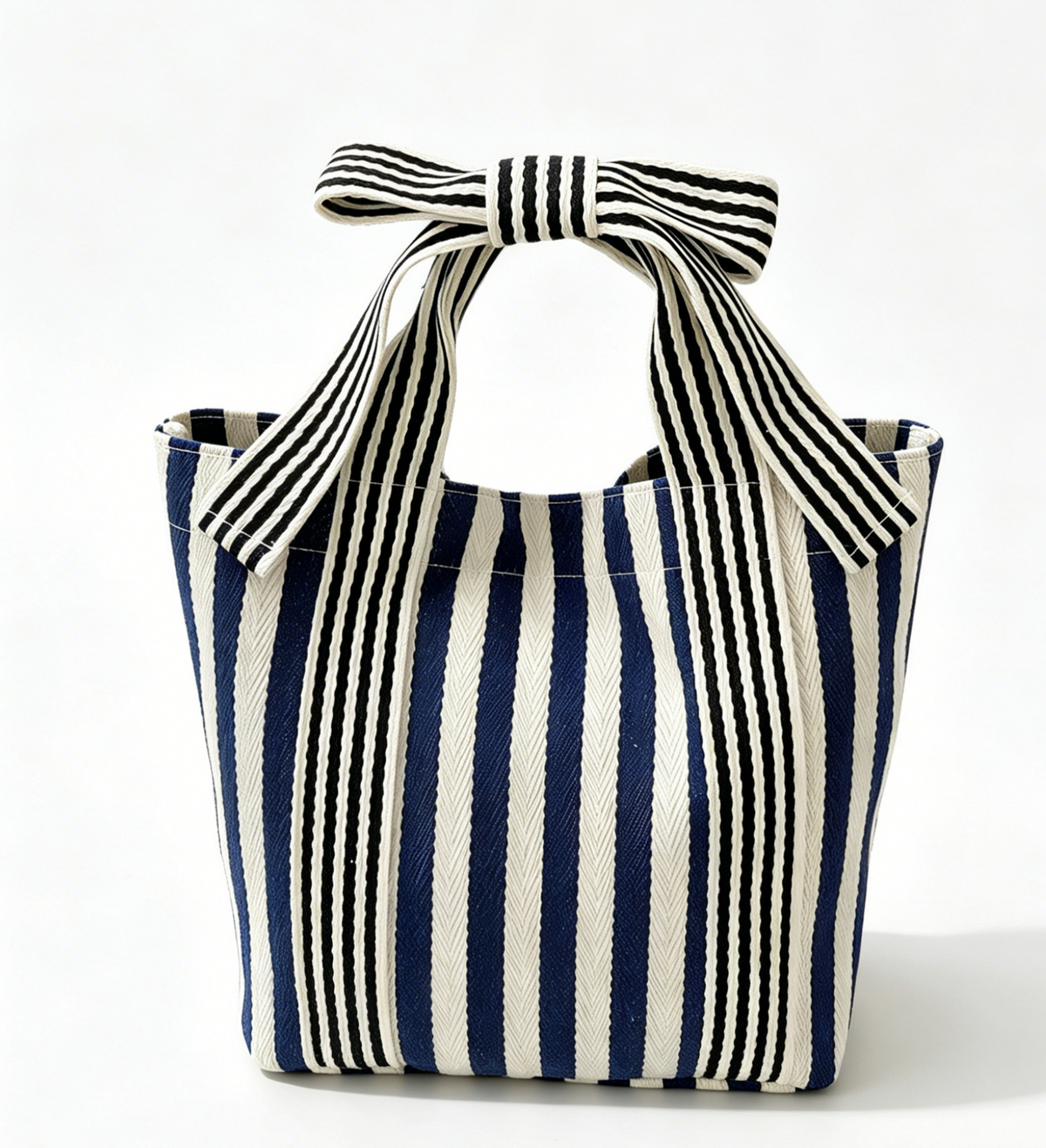 Striped Canvas Mini Tote with Bow Accent - NavyBlue