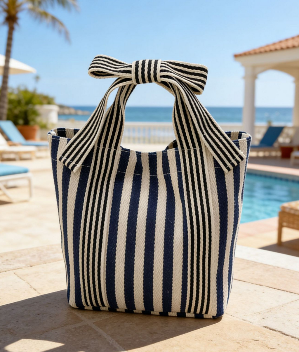 Striped Canvas Mini Tote with Bow Accent - NavyBlue - 2