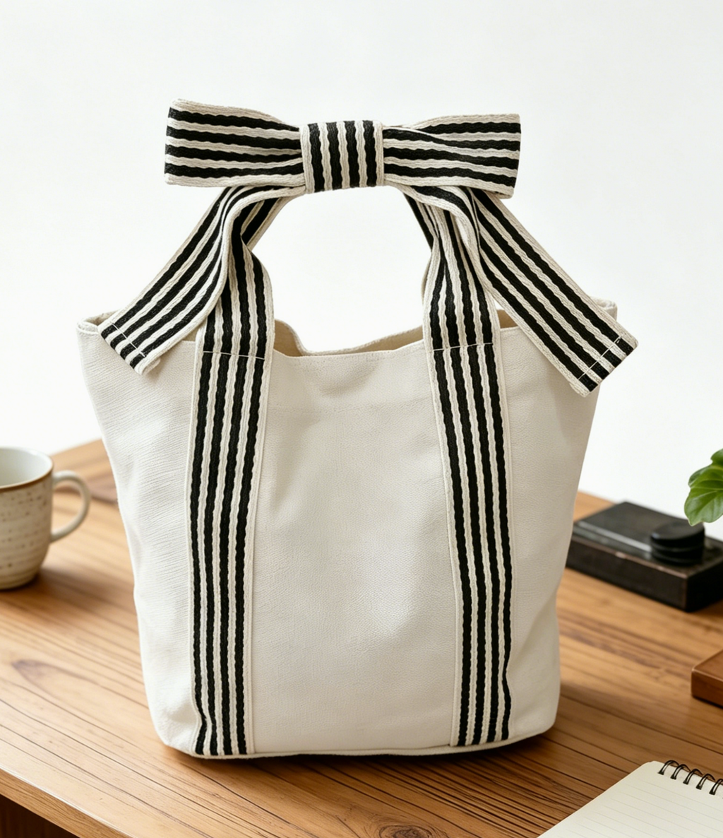 Striped Canvas Mini Tote with Bow Accent - OffWhite