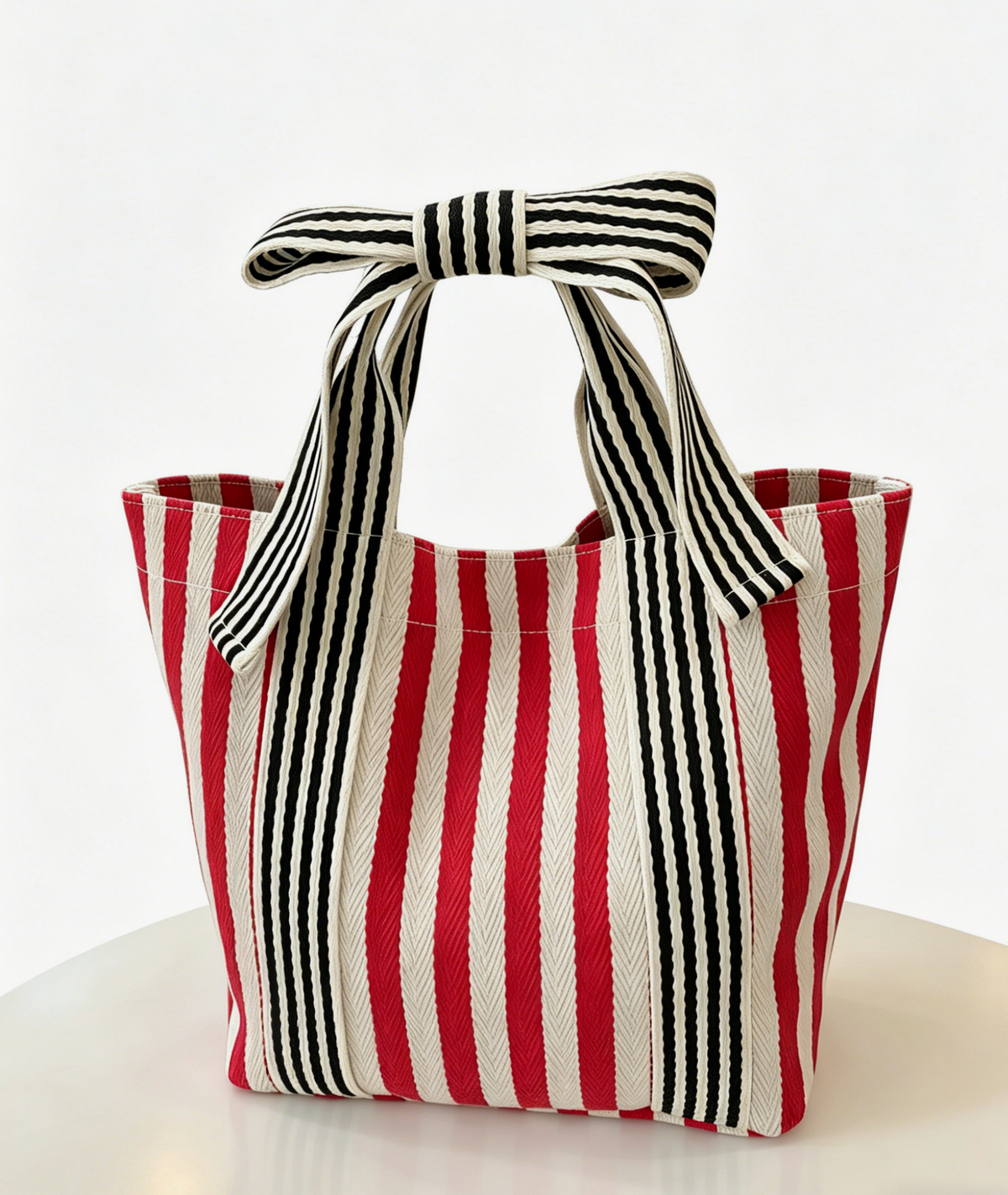 Striped Canvas Mini Tote with Bow Accent - Red