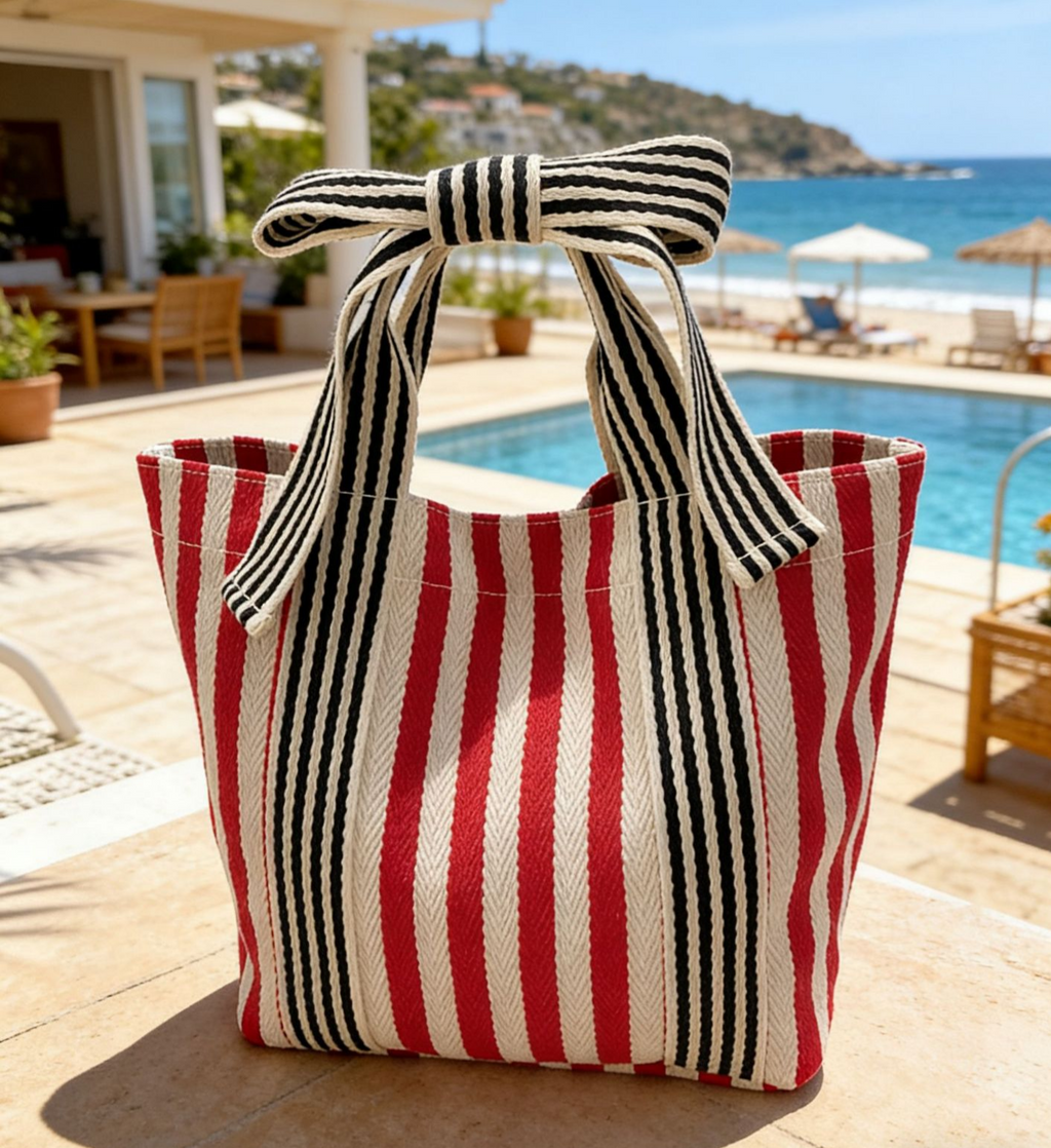 Striped Canvas Mini Tote with Bow Accent - Red - 2