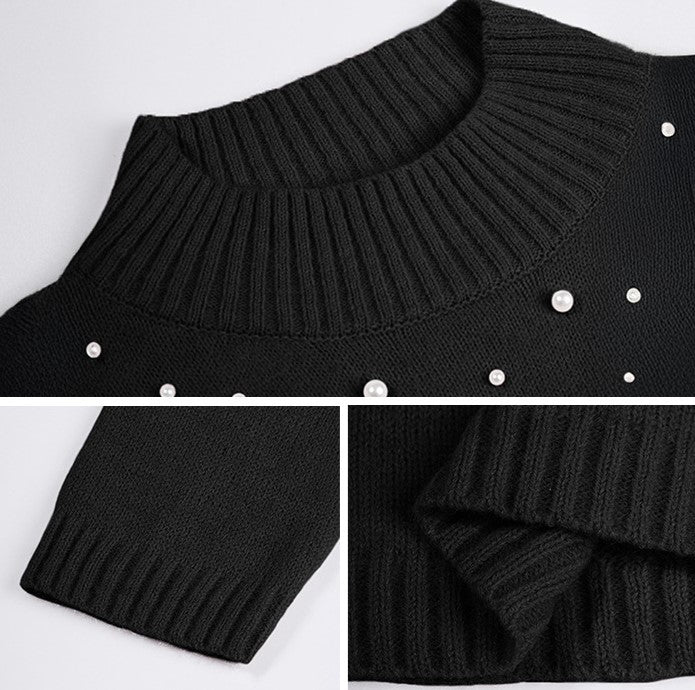 Pearl Embellished Turtleneck Sweater Dress - Black - 2