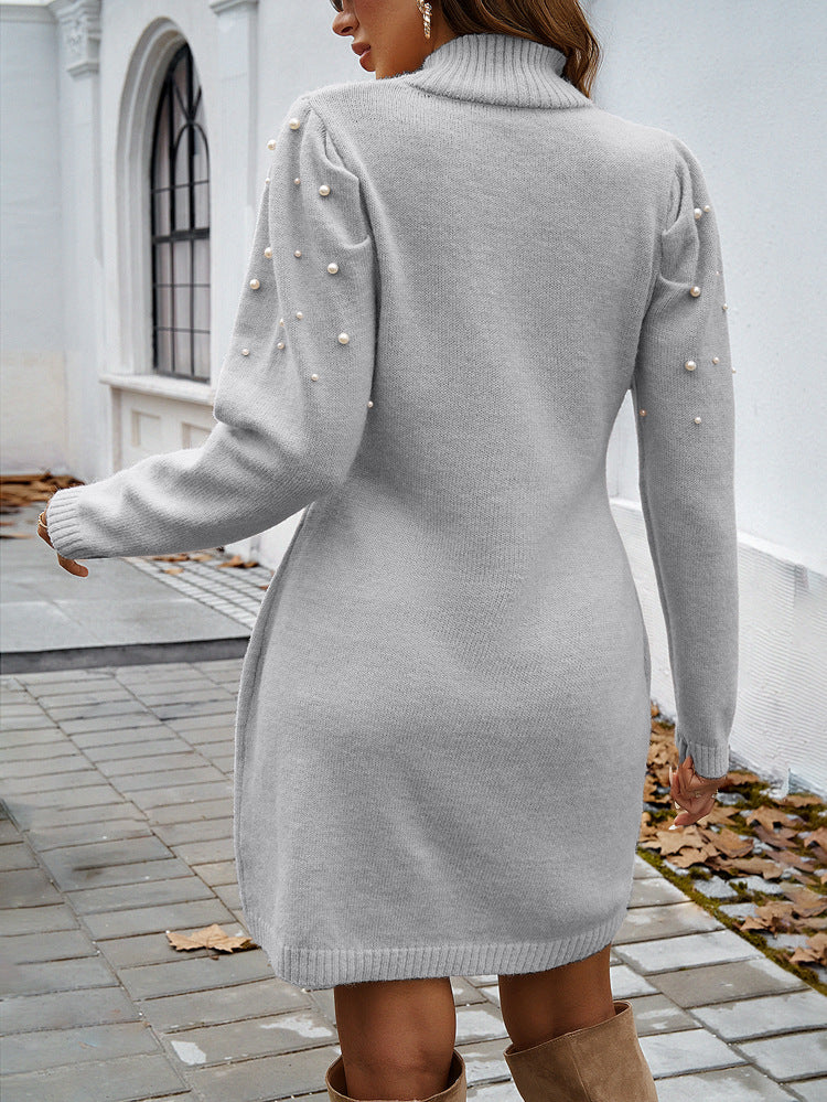 Pearl Embellished Turtleneck Sweater Dress - Grey - 1