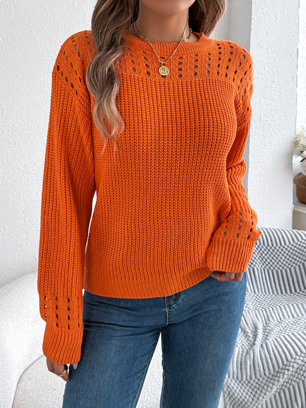 Openwork Yoke Ribbed Knit Pullover Sweater - Orange