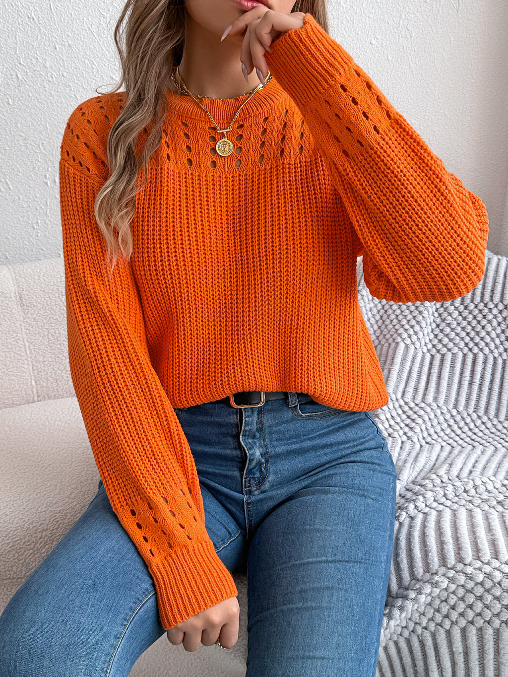 Openwork Yoke Ribbed Knit Pullover Sweater - Orange - 1