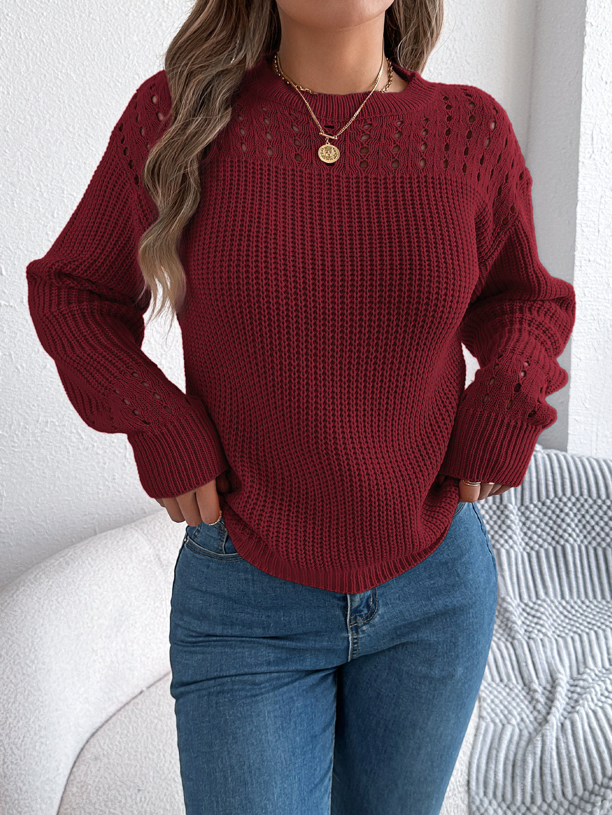 Openwork Yoke Ribbed Knit Pullover Sweater - Winered