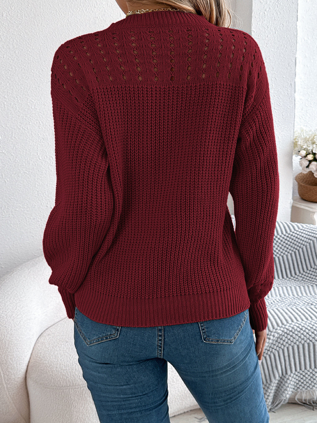 Openwork Yoke Ribbed Knit Pullover Sweater - Winered - 1